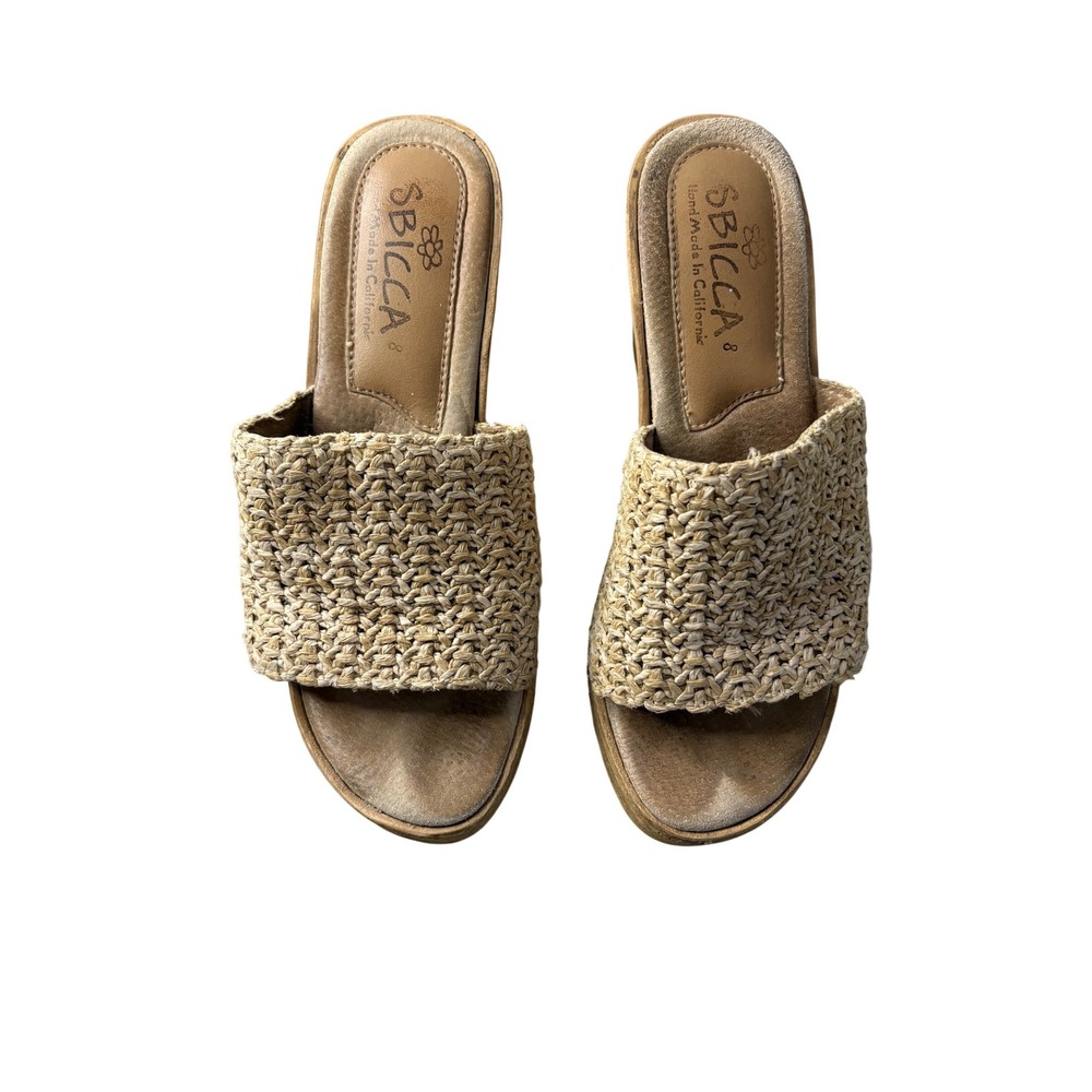 Sbicca Woven Raffia Platform Wedge Sandals Tan Boho Slides Womens 8 Handmade CA